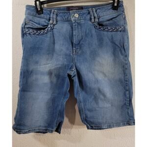 Violeta By Mango Blue Stone Washed Braided Pockets Bermuda Denim Shorts 12 Soft